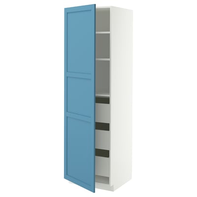 A tall, white METOD cabinet with a single blue door. It has adjustable shelves inside.