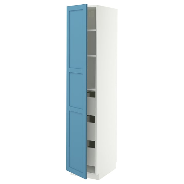 Blue tall cabinet with white shelves, modern design, sturdy frame.