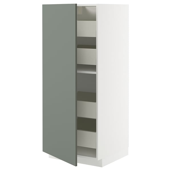 Modern grey-green kitchen cabinet with multiple drawers and shelves.