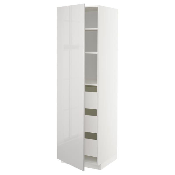 A white high cabinet from the METOD kitchen system. It multiple compartments and adjustable shelves for storage.