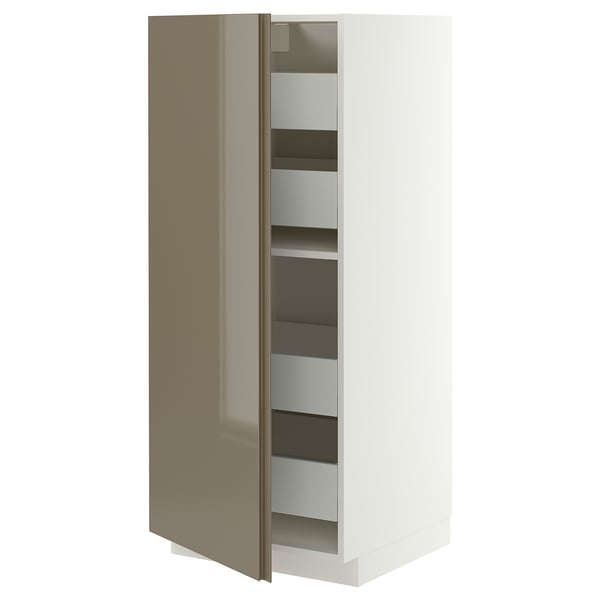 METOD / MAXIMERA High cabinet with drawers, white/VOXTORP high-gloss dark grey-brown vertical, 60x60x140 cm