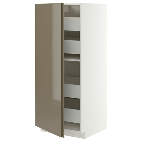METOD / MAXIMERA High cabinet with drawers, white/VOXTORP high-gloss dark grey-brown vertical, 60x60x140 cm