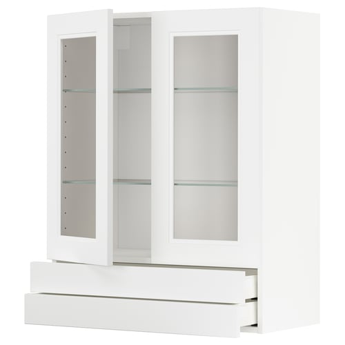 Modern white kitchen cabinet with glass doors, featuring shelves and drawers, sleek design.