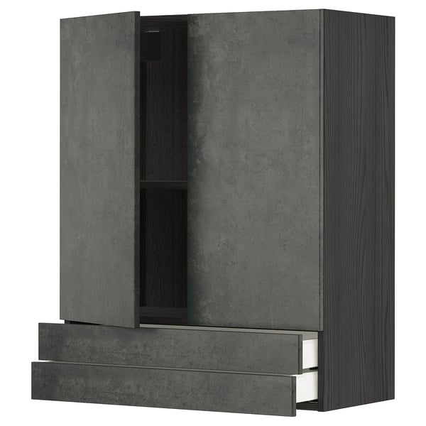 Modern dark grey kitchen cabinet with one open drawer, one shelf, and a sleek, urban design.