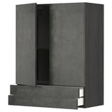 Modern dark grey kitchen cabinet with one open drawer, one shelf, and a sleek, urban design.