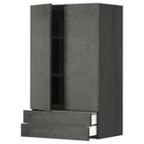 A dark grey METOD kitchen cabinet with two open drawers, featuring a modern concrete effect design.
