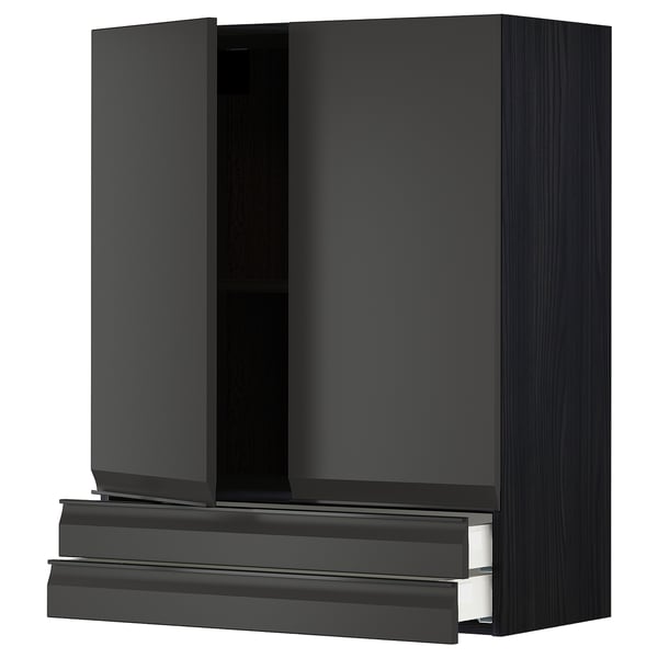 A black METOD kitchen cabinet with sleek design, matte fronts, and integrated handles. Two tall doors and one center drawer.