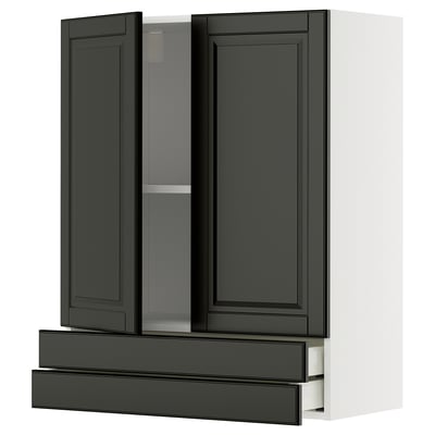 Modern black kitchen cabinet with glass door, sleek design, and beveled edges.