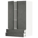 Modern gray cabinet with sleek height and width, featuring multiple shelves and drawers.