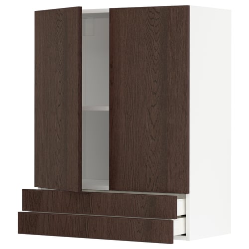 Modern kitchen unit with dark brown sinarp oak veneer doors and solid wood edging, two shelves, and adjustable shelf inside.