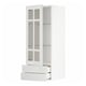 Modern white METOD kitchen cabinet with glass doors and drawers, sleek and minimalist design.