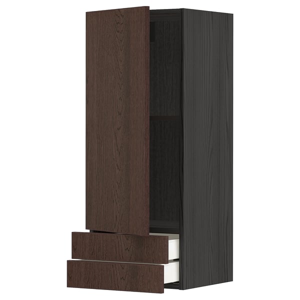 Dark brown wooden cabinet with two open drawers.