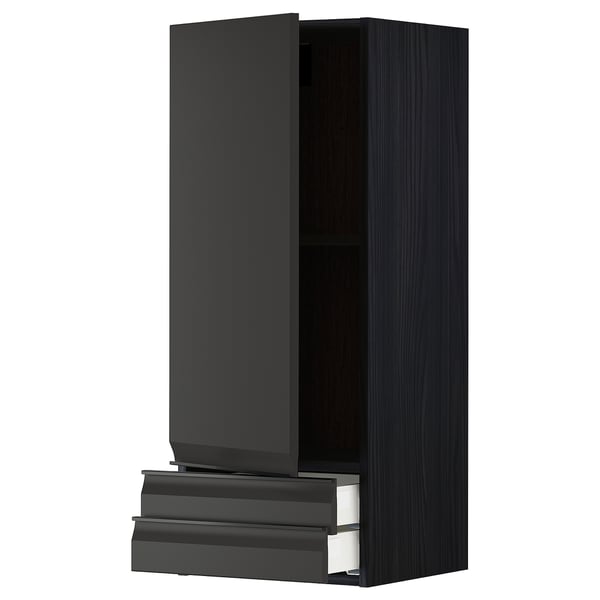 Dark gray ikea METOD kitchen module with push-open cabinet and pull-out shelf.