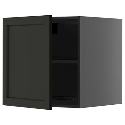 Black kitchen cabinet with open door, two shelves.