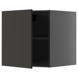 A dark grey, square-shaped kitchen cabinet with one open door, showcasing an adjustable shelf inside.