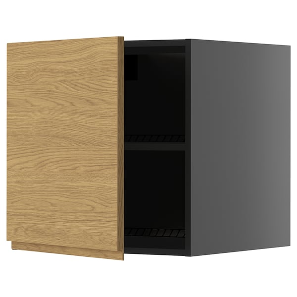 Open gray and oak cabinet with two shelves.