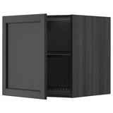 An open black wooden kitchen cabinet with shelves.