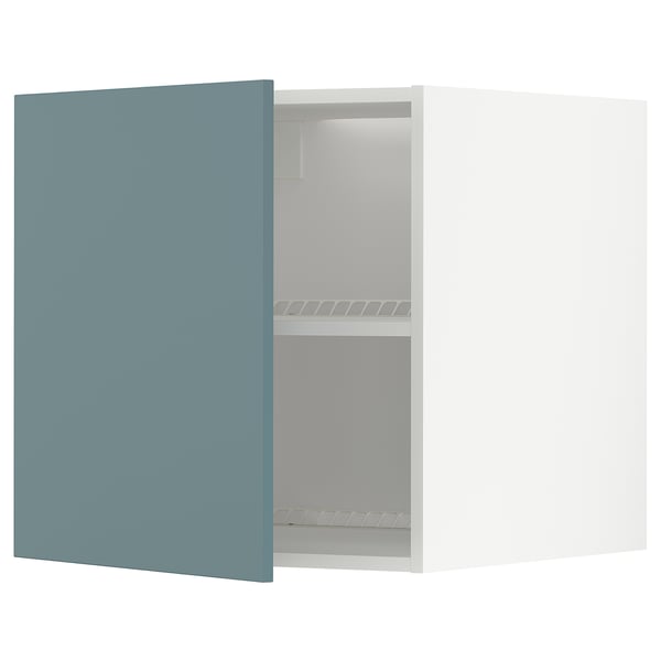 An open white cabinet with blue door, turquoise, modern, kitchen storage.