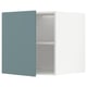 An open white cabinet with blue door, turquoise, modern, kitchen storage.