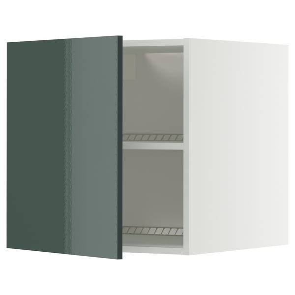Modern white cabinet with green door, glossy finish, two shelves, square shape.
