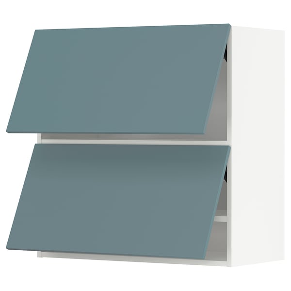 Two blue-green METOD kitchen cabinets, flat surfaces, modern design.