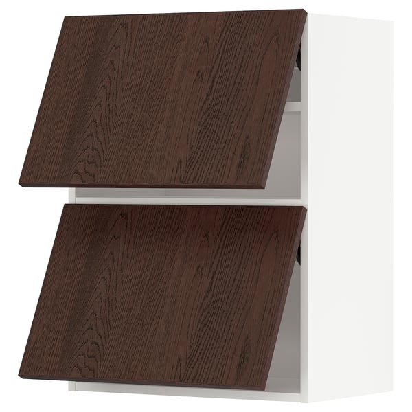 Dark brown wooden kitchen cabinet with white frame, square shape, and clean design.