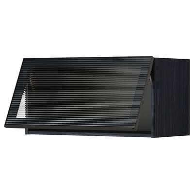 Black modern kitchen cabinet with sleek, horizontal lines and tempered glass door.