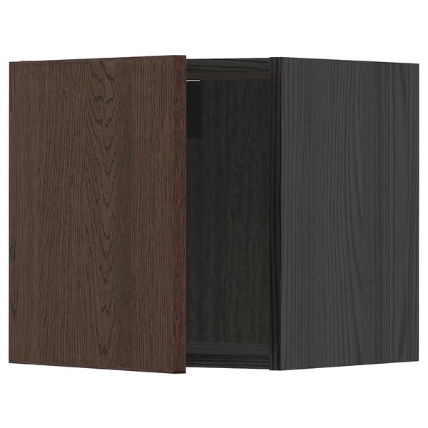 Open dark brown wooden cabinet with one door removed, showcasing inner shelving.