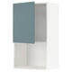 Turquoise kitchen cabinet with white shelf, modern design.