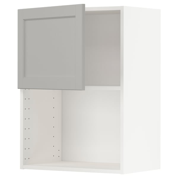 Open METOD kitchen cabinet with light gray lerhyttan front, featuring a square frame and beveled edges.
