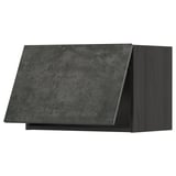 Modern kitchen cabinet in dark grey with wooden grain. Sleek, rectangular shape, angled top for urban look.