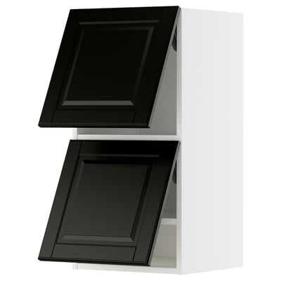 Black modern kitchen cabinets with beveled edges.