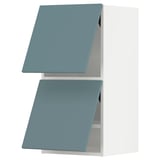 Two blue kitchen cabinets, stacked vertically with angled doors, smooth and modern design.