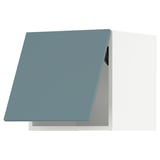 Turquoise kitchen cabinet with glass doors.