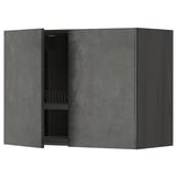 Displays a dark grey concrete effect wall cabinet from the METOD kitchen system, featuring a single open door revealing internal storage shelves.