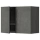 Displays a dark grey concrete effect wall cabinet from the METOD kitchen system, featuring a single open door revealing internal storage shelves.