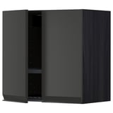 Modern black kitchen cabinet with sleek design and adjustable shelf.