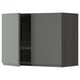 Grayscale kitchen cabinet, open. Modern dark grey with wood grain, adjustable shelf, metallic dish drainer.