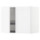 White METOD kitchen cabinet with open door revealing shelves and dish drainer.