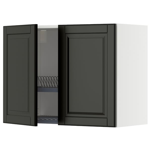 METOD kitchen cabinet, black with beveled edges, open showing interior shelves. 25-year guarantee. Square, modern design.