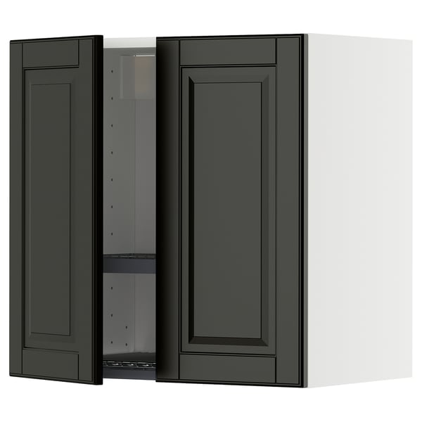 Dark grey wall cabinet, modern design, adjustable shelf, beveled edges.