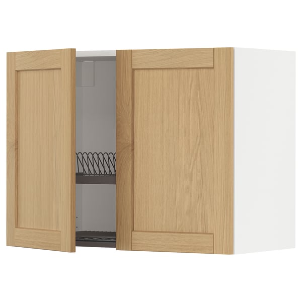 METOD kitchen cabinet with oak doors and metal shelf.
