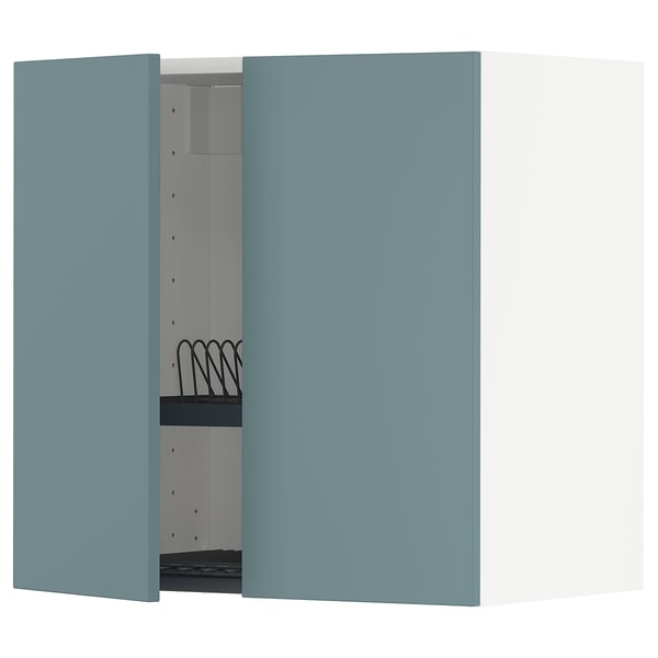 Turquoise METOD wall cabinet, modern, sleek, open showing dish drainer inside.