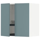 Turquoise METOD wall cabinet, modern, sleek, open showing dish drainer inside.