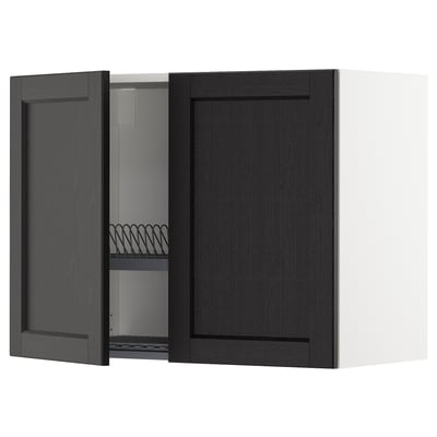 A dark gray METOD kitchen wall cabinet with one door open, revealing a dish drainer inside.