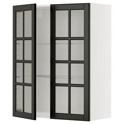 Modern black glass-door cabinet with beveled edges, offering a sleek, sophisticated look for organizing and displaying items.