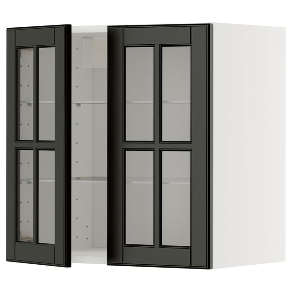 Dark glass-fronted cabinet, white sides, three shelves visible, sleek modern design.