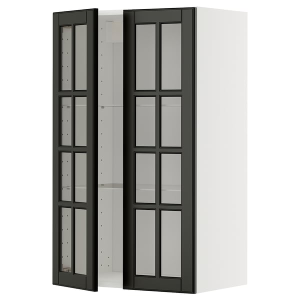 Modern black glass-door cabinet, part of the ikea METOD kitchen system, featuring tempered glass shelves and a sleek, minimalist design.