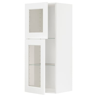 White METOD kitchen cabinet with glass doors, square shape, modern design.