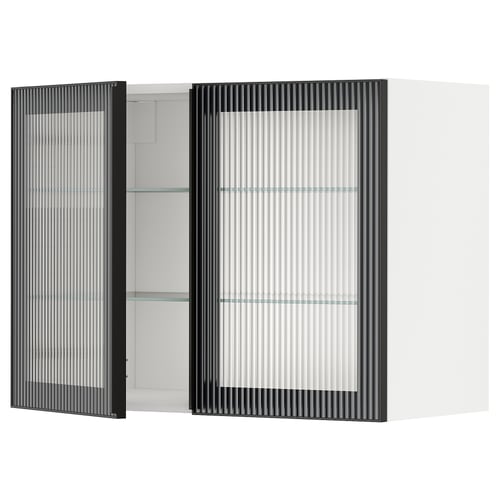 Modern black and white kitchen cabinet with fluted glass doors.
